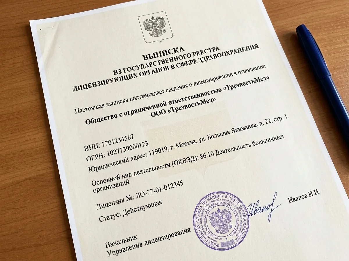 Выписка из государственного реестра лицензиаров медицинских организаций, официальный документ с данными ООО ТрезвостьМед
